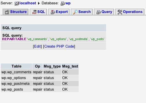 Repair MySQL Tables in phpMyAdmin