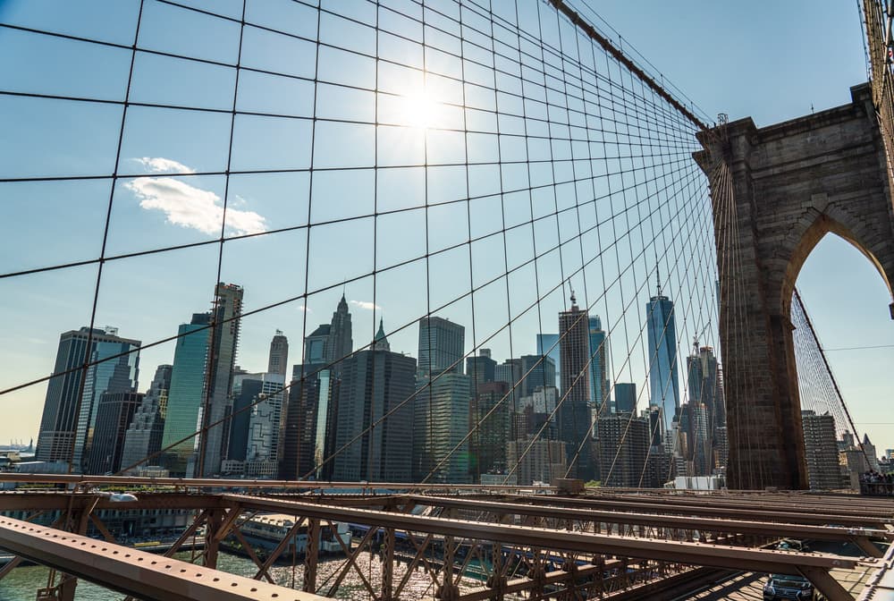 Lower Manhattan as seen from the Brooklyn Bridge.