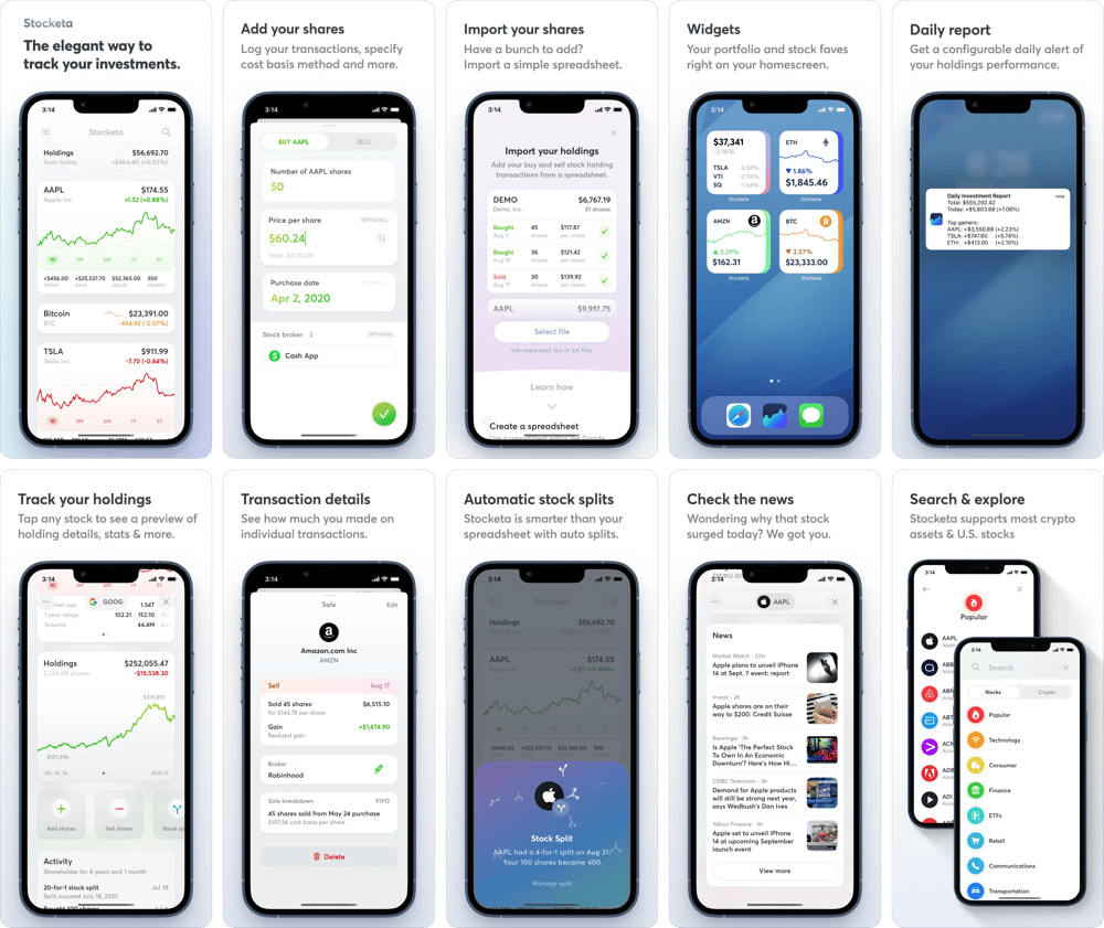 10 images that would have been used for the Stocketa App Store screenshots if Stocketa had been published