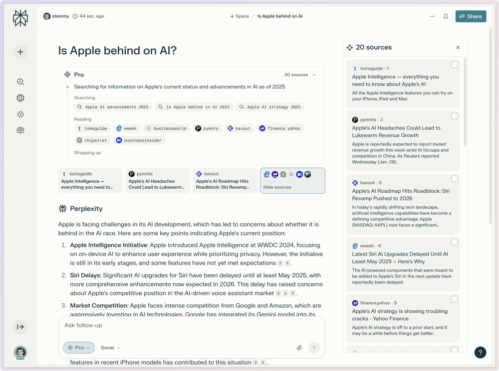Perplexity Pro search with expanded status showing search details