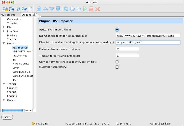 Azureus RSS importer