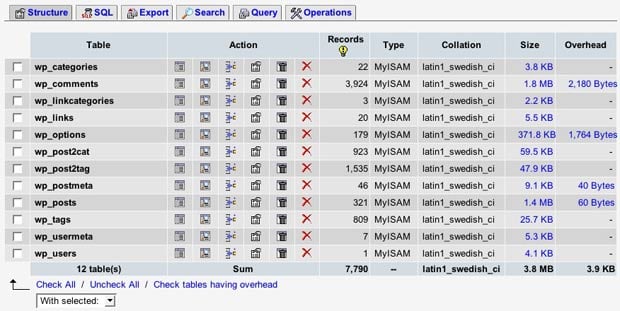 Repair MySQL Tables in phpMyAdmin