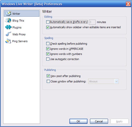 Windows Live Writer - Preferences