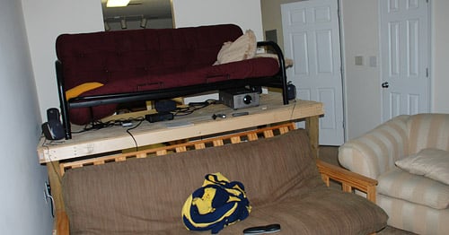 Paul's living room with stadium seating and projector Paul's living room with stadium seating and projector