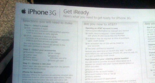 Apple hands out a flier to ensure we are ready for the iPhone 3G. It includes AT&T plan info.