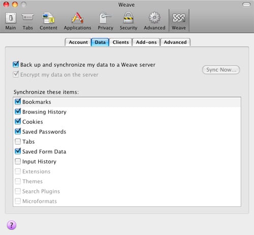 Mozilla Weave Settings
