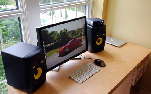 Desk with a pair of Rokit RP5G2 Studio Monitors and PreSonus Audiobox USB