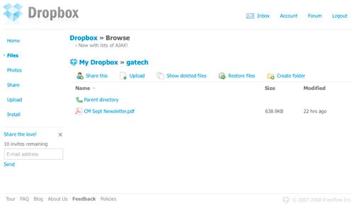 Dropbox Web Interface