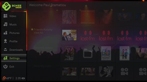 Boxee home screen with sidebar