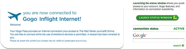 Connected to Gogo Inflight Internet access