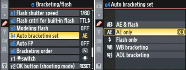 Nikon D90 menu - Auto Exposure Bracketing