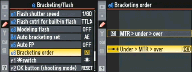 Nikon D90 menu - Bracketing order