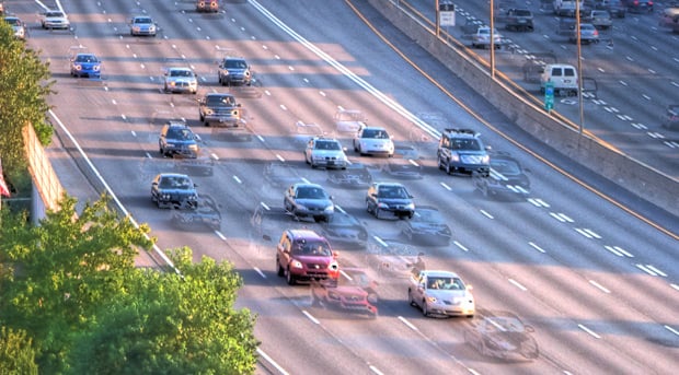 Ghosting in an HDR image. Composed of 3 auto-bracketed shots taken of a highway.