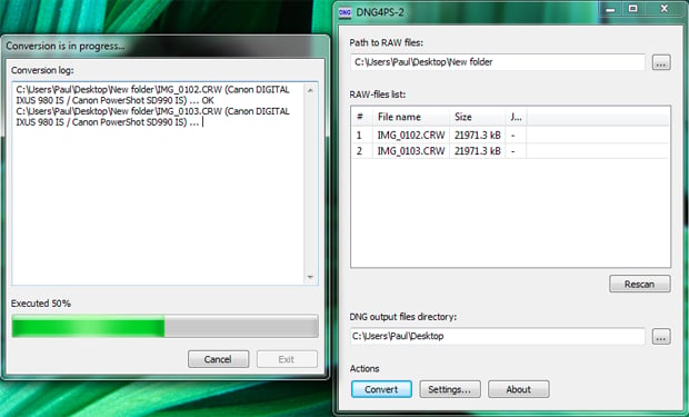 Using dng4ps2 to convert a CRW file from CHDK to DNG
