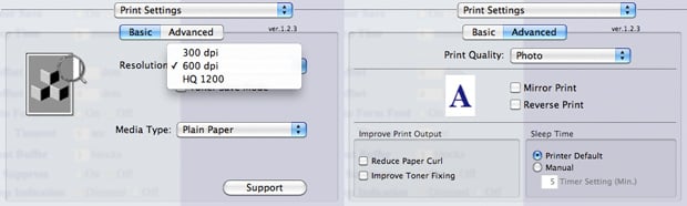 OS X Printer Settings - Brother HL-2170W