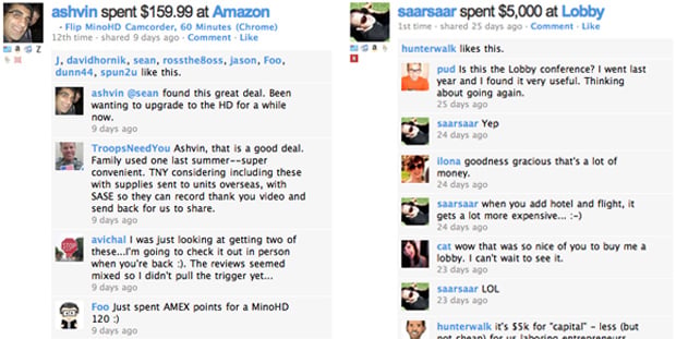 Blippy page for Ashvin's Amazon Flip MinoHD purchase and @Saarsaar's Lobby Conf
