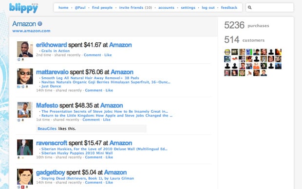 Blippy business pages list purchases