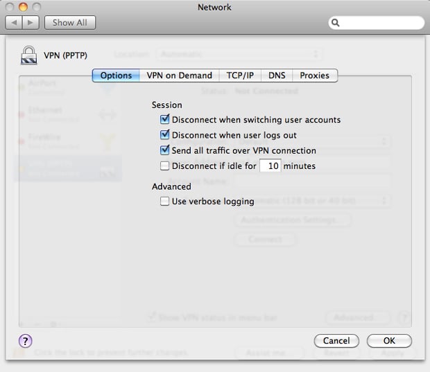 Advanced VPN Settings - Send all traffic over VPN - Mac OS X