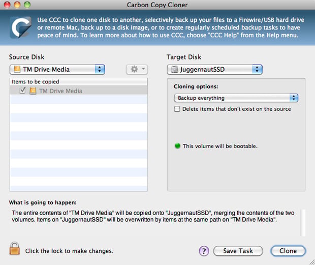 Select source and target disks to clone - Carbon Copy Cloner