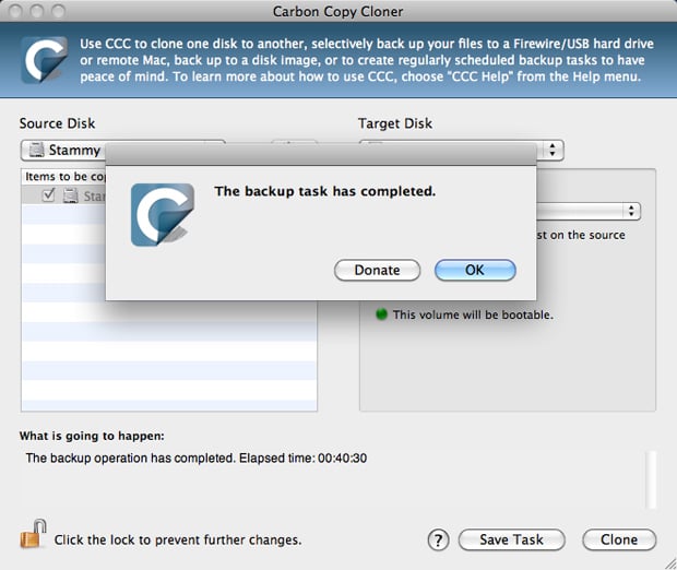 Internal SSD to external drive cloning complete