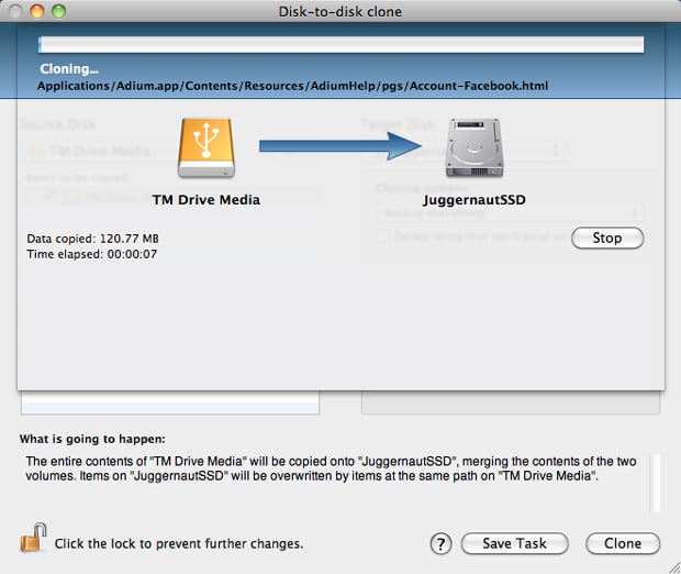 Cloning OS X from external drive to new RAID 0 SSD array underway - Carbon Copy Cloner