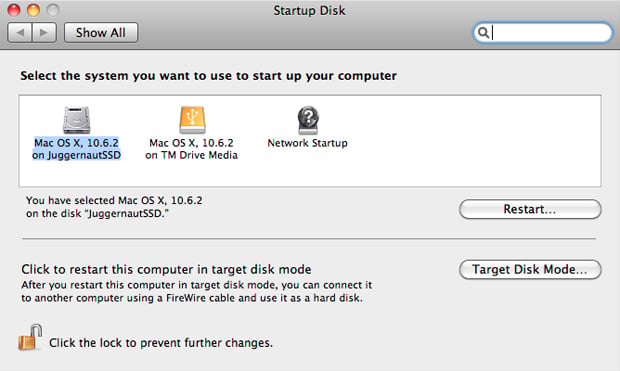 Select Startup Drive in OS X 10.6 - Boot off of internal SSD RAID 0 array