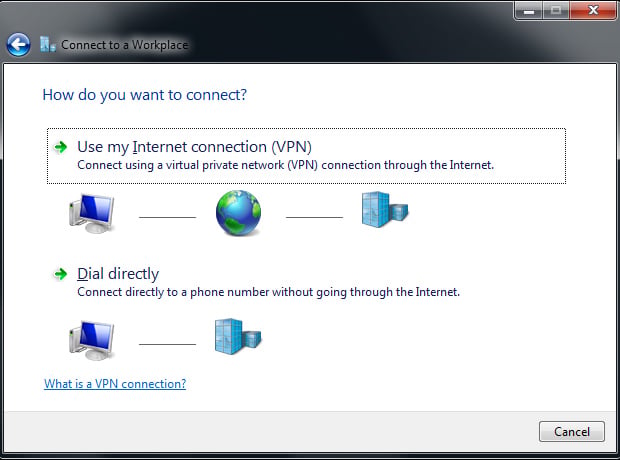 Connect to a workplace - Use my internet connection (VPN) - Windows 7