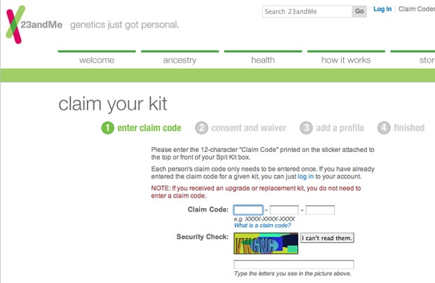 23andMe Account Creation - Enter Claim Code