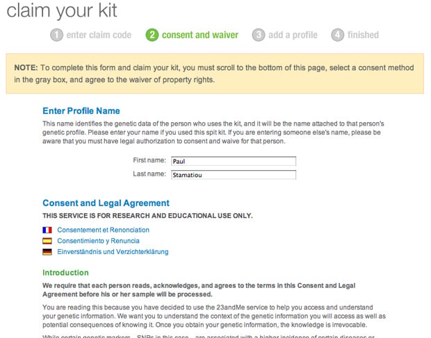 23andMe Account Creation - Consent/Waiver