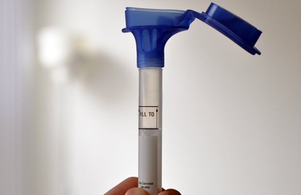 Close-up of 23andMe spit tube