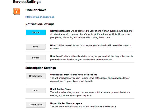 Notifo Settings for Hacker News
