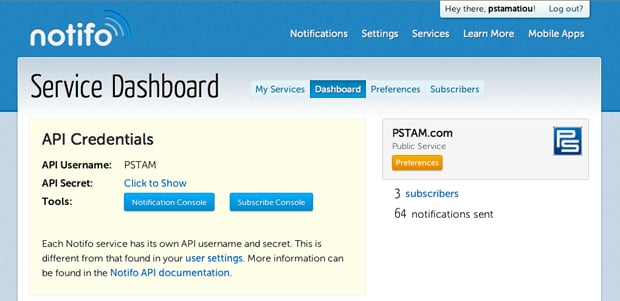 Notifo Service Dashboard