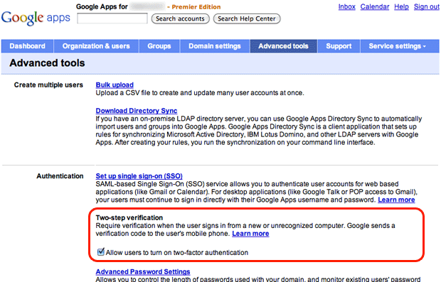 Enable two-step verification in Google Apps