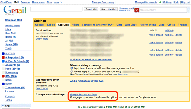 Google Apps Gmail - Access Google Account Settings
