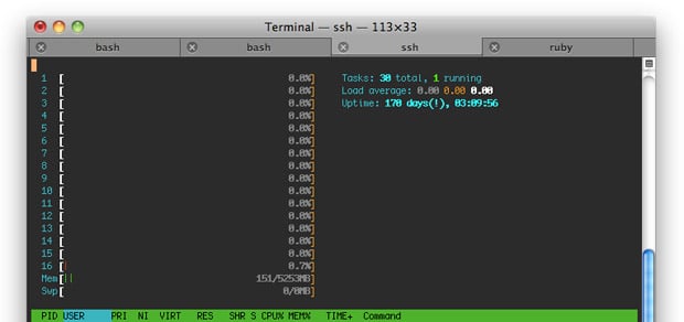 htop showing how happy my server is with the new setup