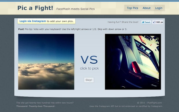 Pic A Fight homepage - Instagram meets FaceMash