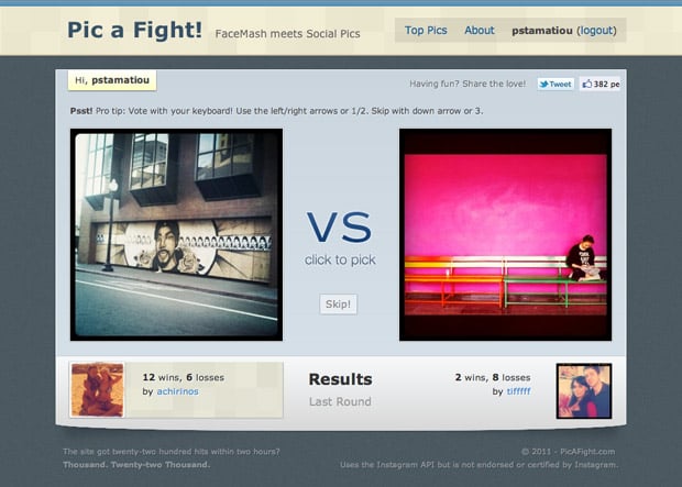 Pic A Fight homepage Results