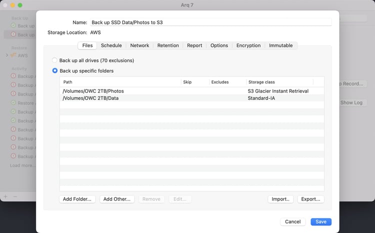 Arq showing different S3 storage classes for different folders