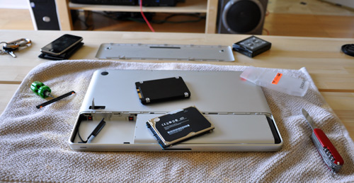 Intel X25-M 80GB Solid State Drive (SSD) being installed in an Apple MacBook Pro (Late 2008)