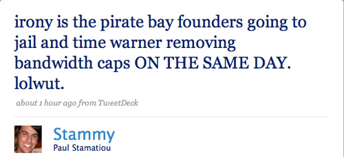 Pirate Bay, Time Warner Irony - Paul Stamatiou - Twitter