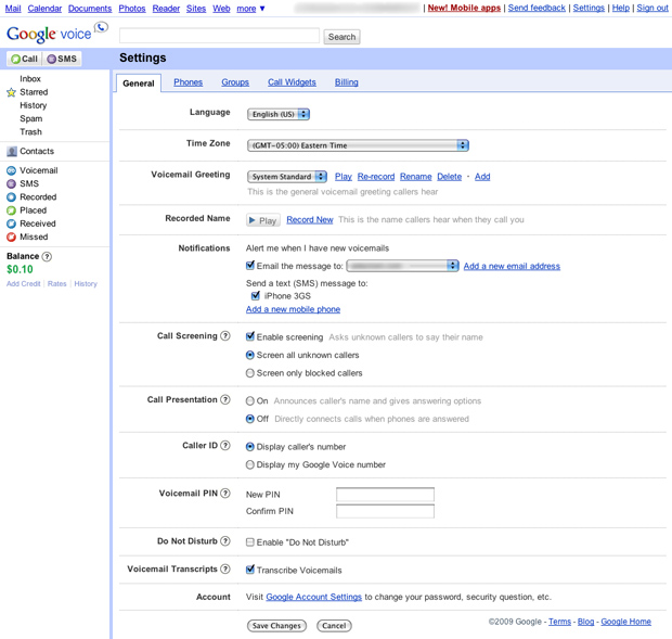 Google Voice General Settings