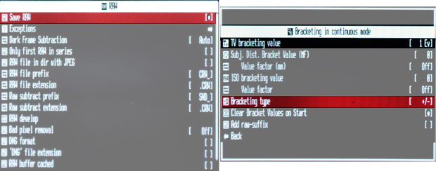 Canon 990IS CHDK menus - enable RAW and continuous bracketing