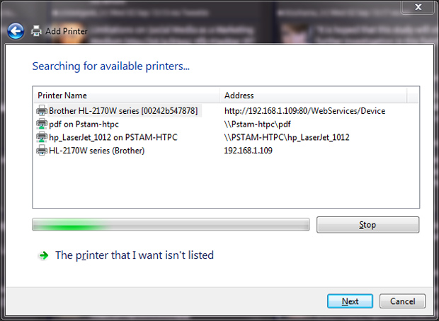 Installing the Brother HL-2170W printer on Windows 7