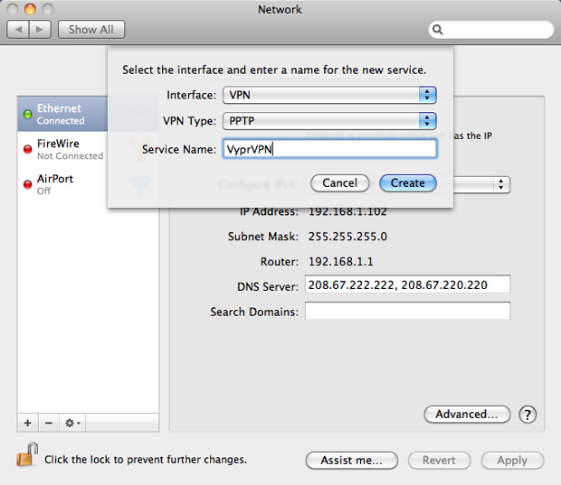 Adding a new VPN connection in Mac OS X