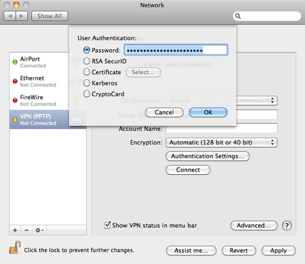 Set VPN password - Mac OS X