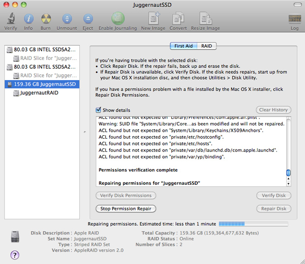 OS X RAID Array First Aid in Disk Utility