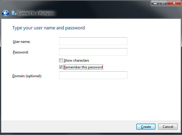 Connect to VPN - provide username and password - Windows 7