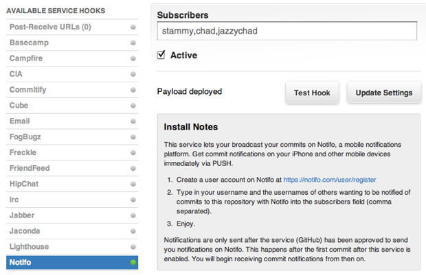 Notifo Service Hook on GitHub