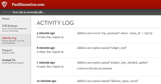 VaultPress Backup Activity