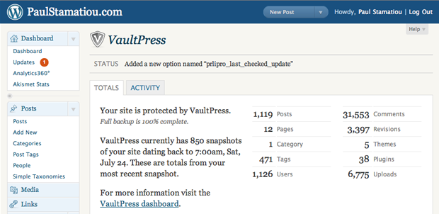 VaultPress info in WordPress admin panel